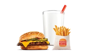 Cheeseburger King Jr. Meal with a beef patty, melted cheese, bun, pickles, ketchup, and mustard, served with fries and a small drink